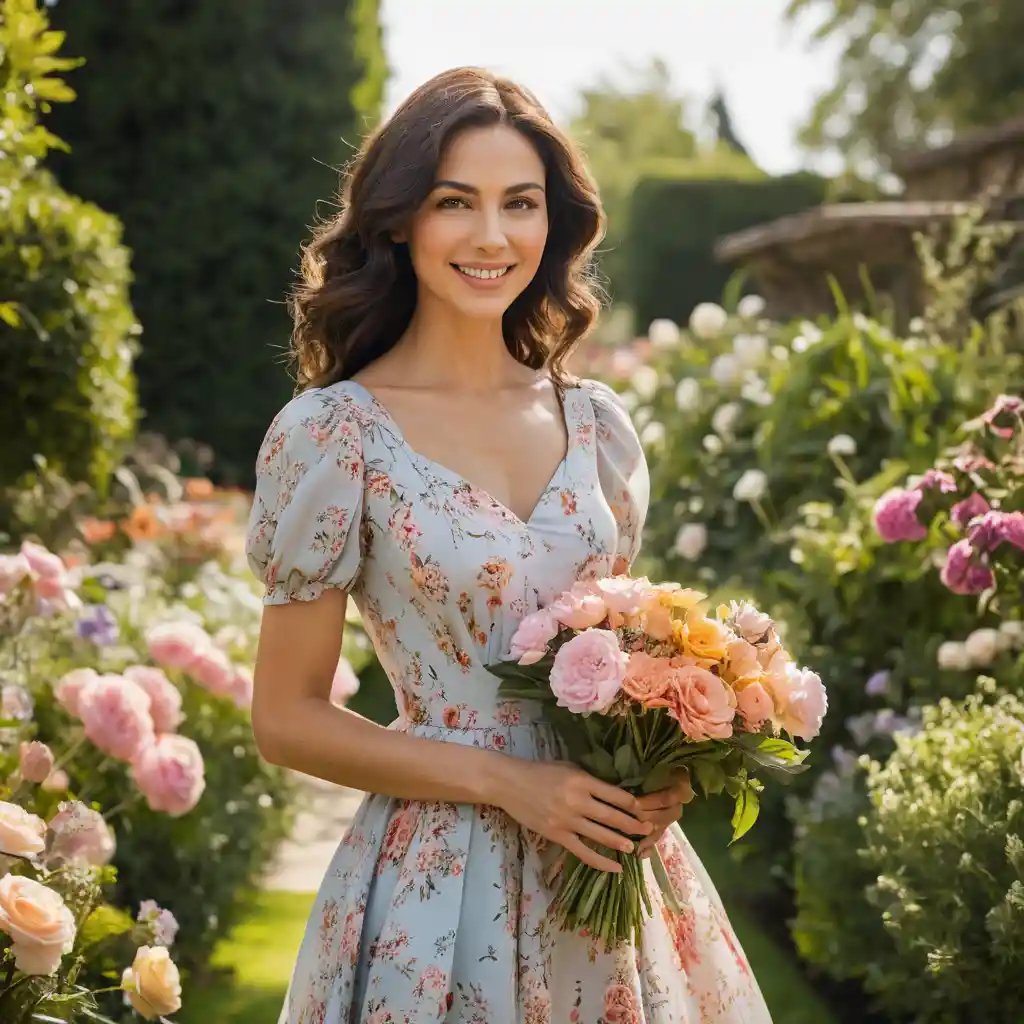 A woman gathers fresh flowers in a sunlit garden