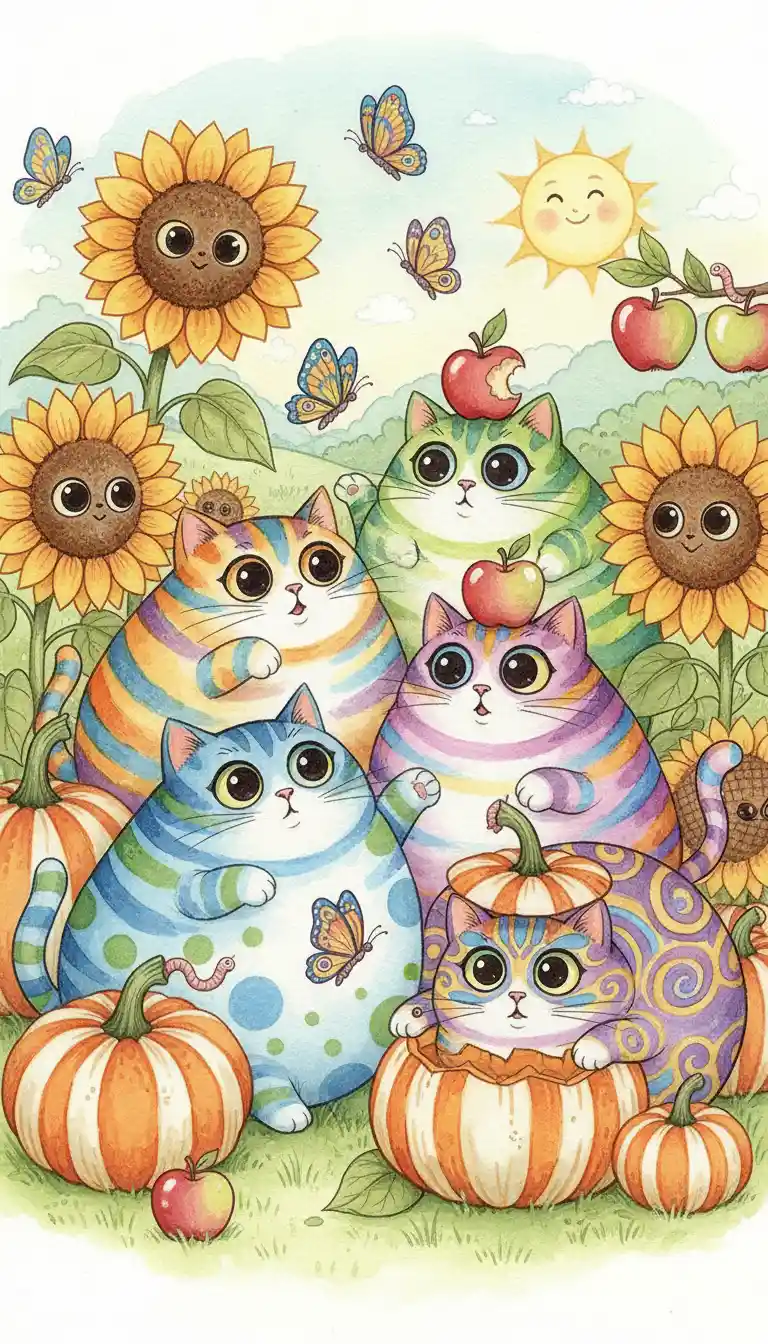 Curious multicolored cats surrounded by sunflowers, pumpkins, apples, and butterflies