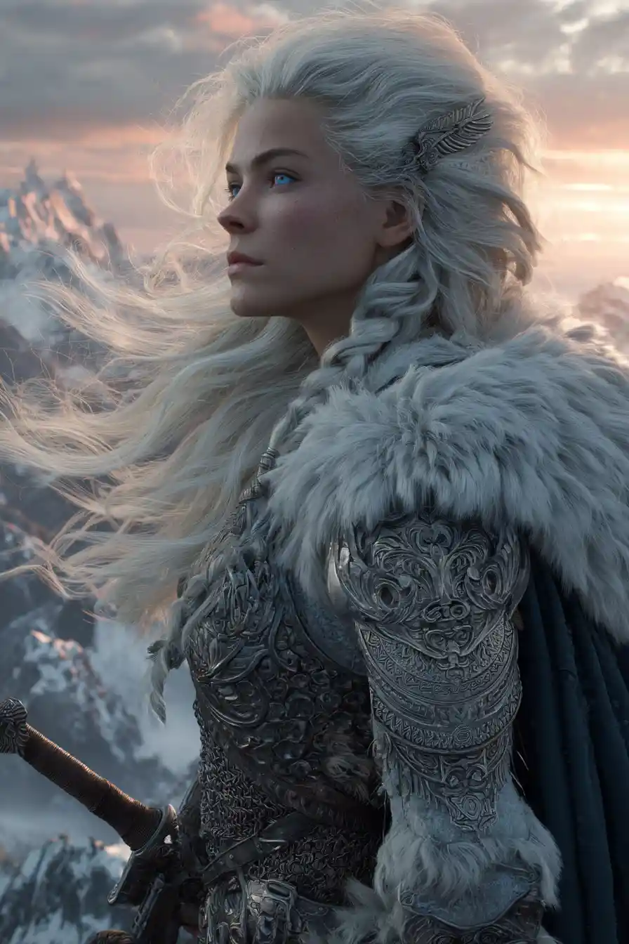 A valkyrie stands above the northern sea at golden sunrise