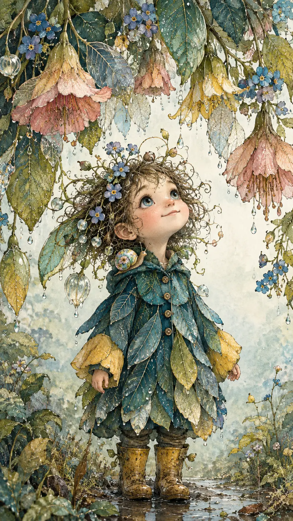 A tiny child beneath a fantastical canopy of flowers and translucent leaves