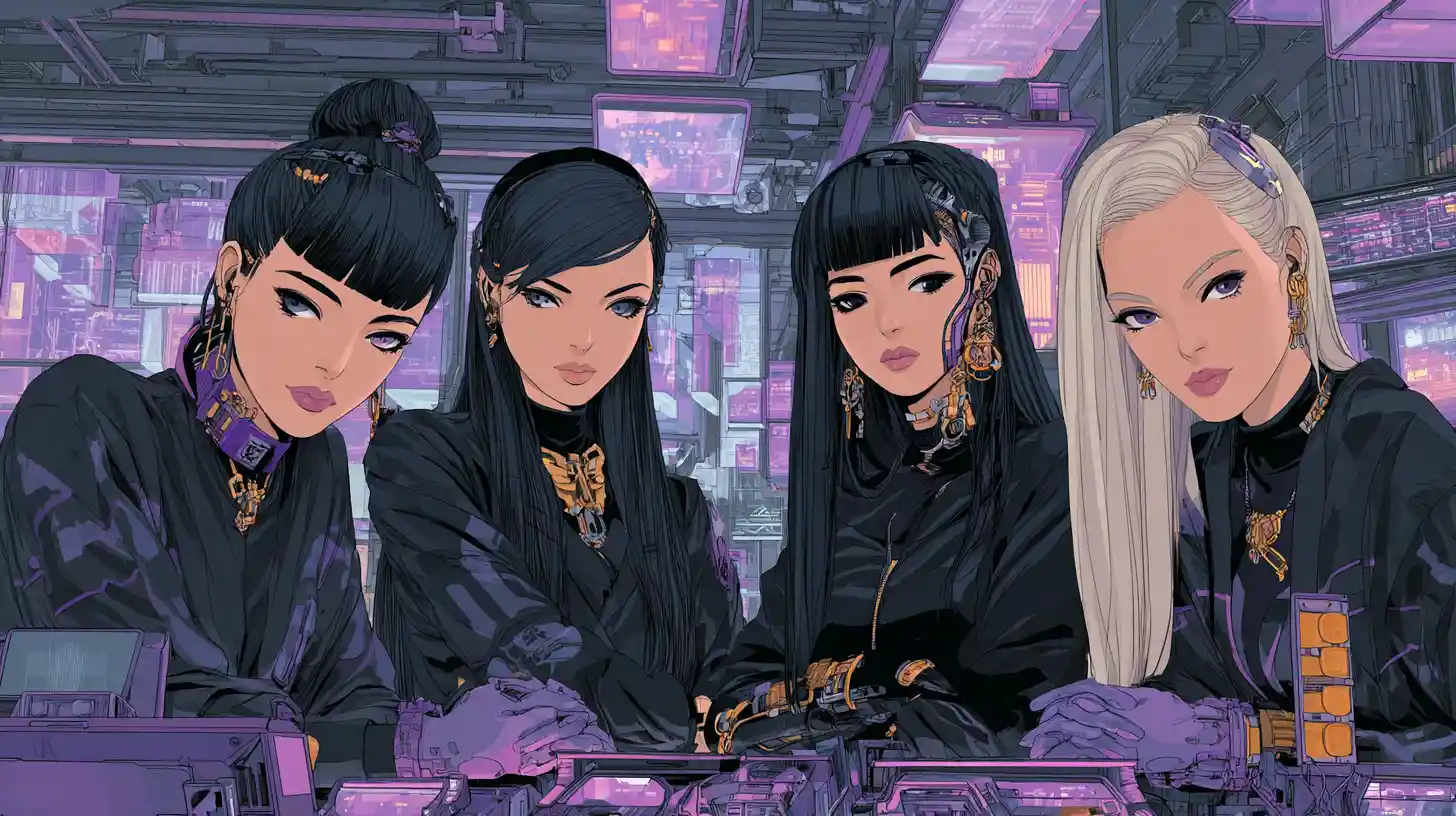 Four Asian women hackers with cybernetic implants in a high-rise lair