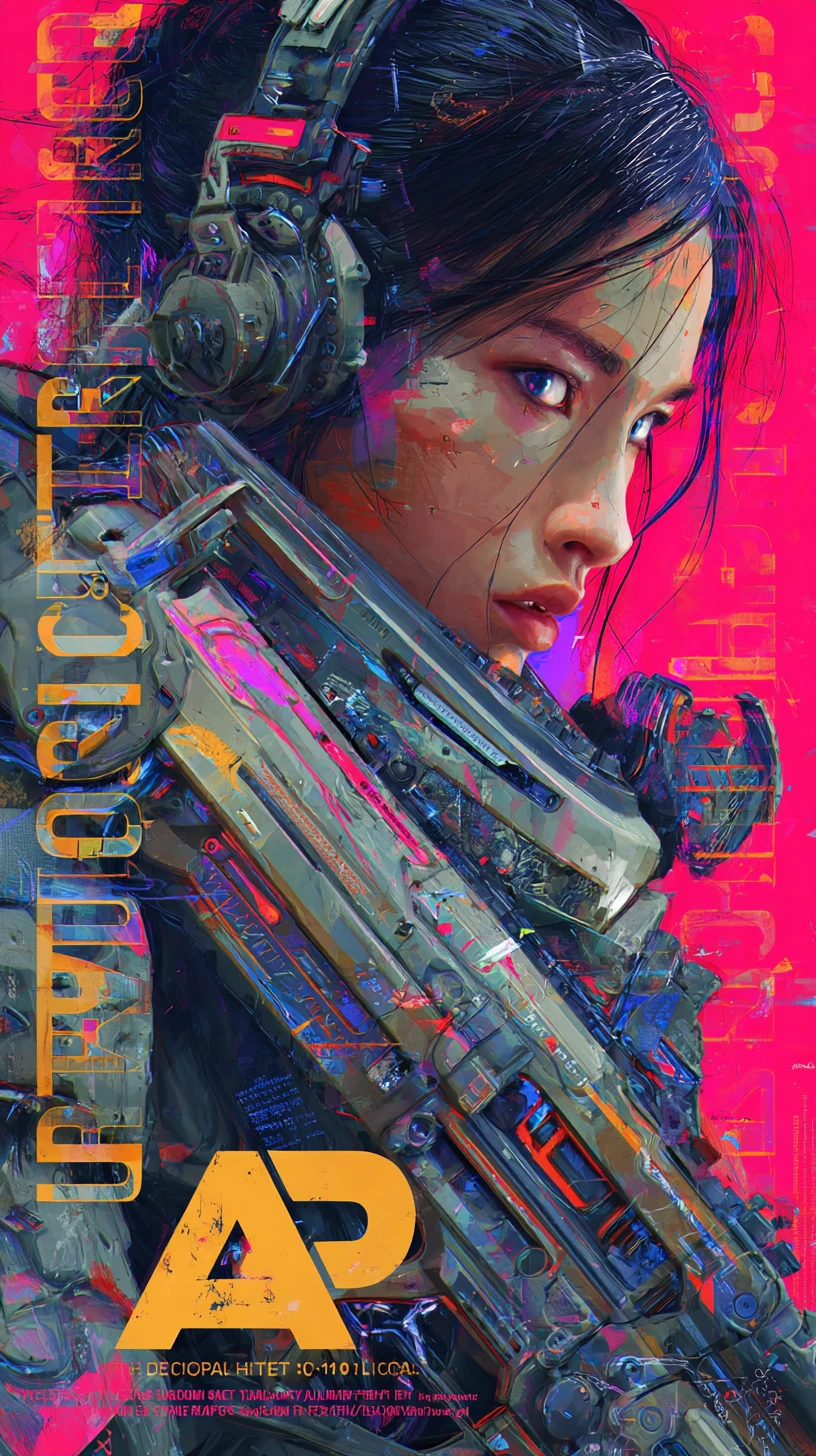 Una mujer asiática con un traje de combate futurista sostiene la mirada del espectador