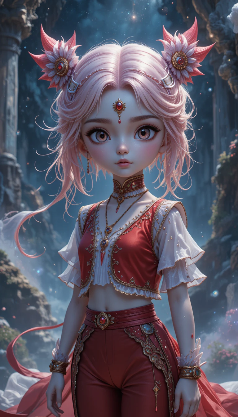 Una niña de anime de ocho años con rizos rosas y pequeños cuernos rojos