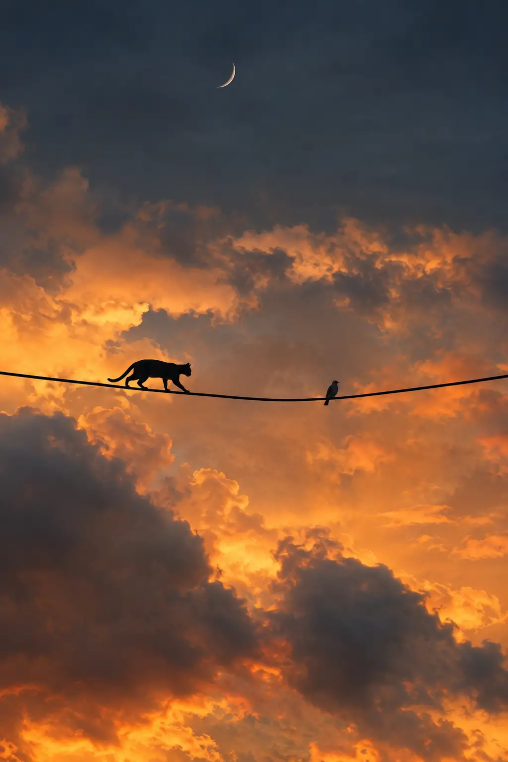 Un chat noir s’approche d’un oiseau perché sur un fil en hauteur