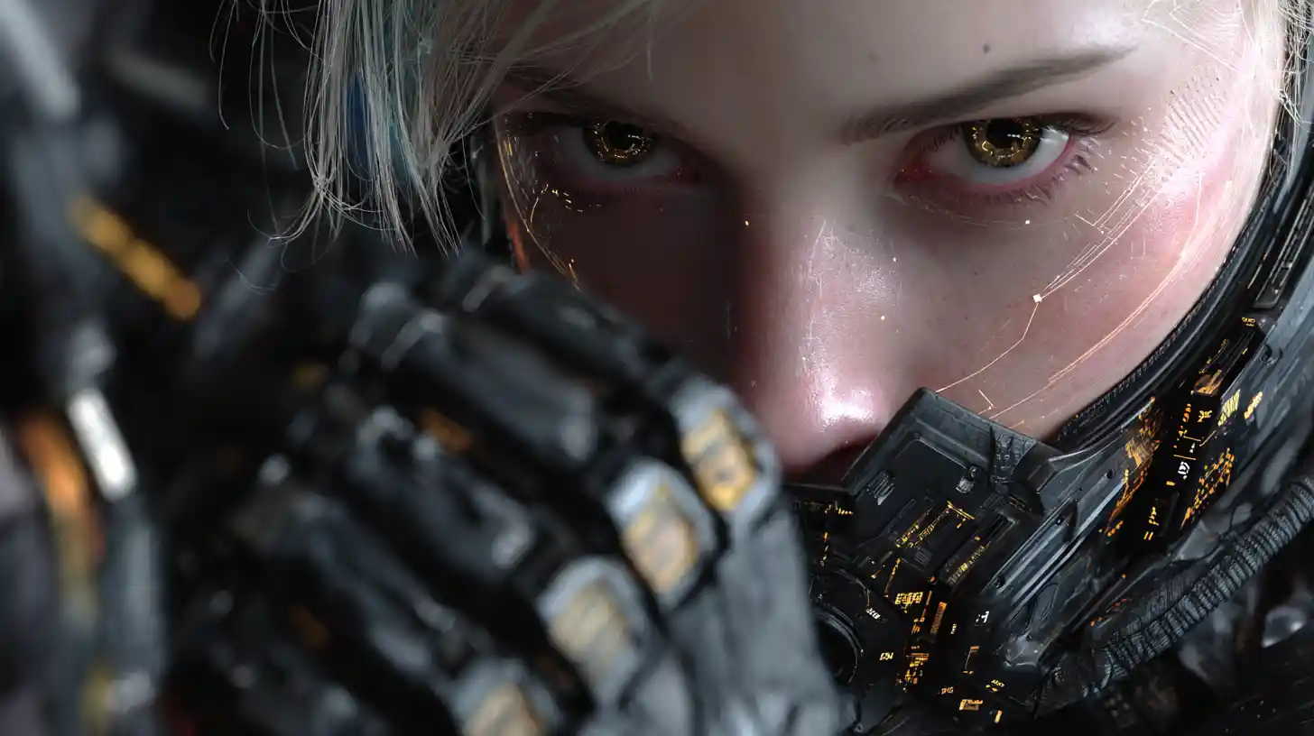 A cyberpunk hacker operates a modular cyberdeck in combat armor