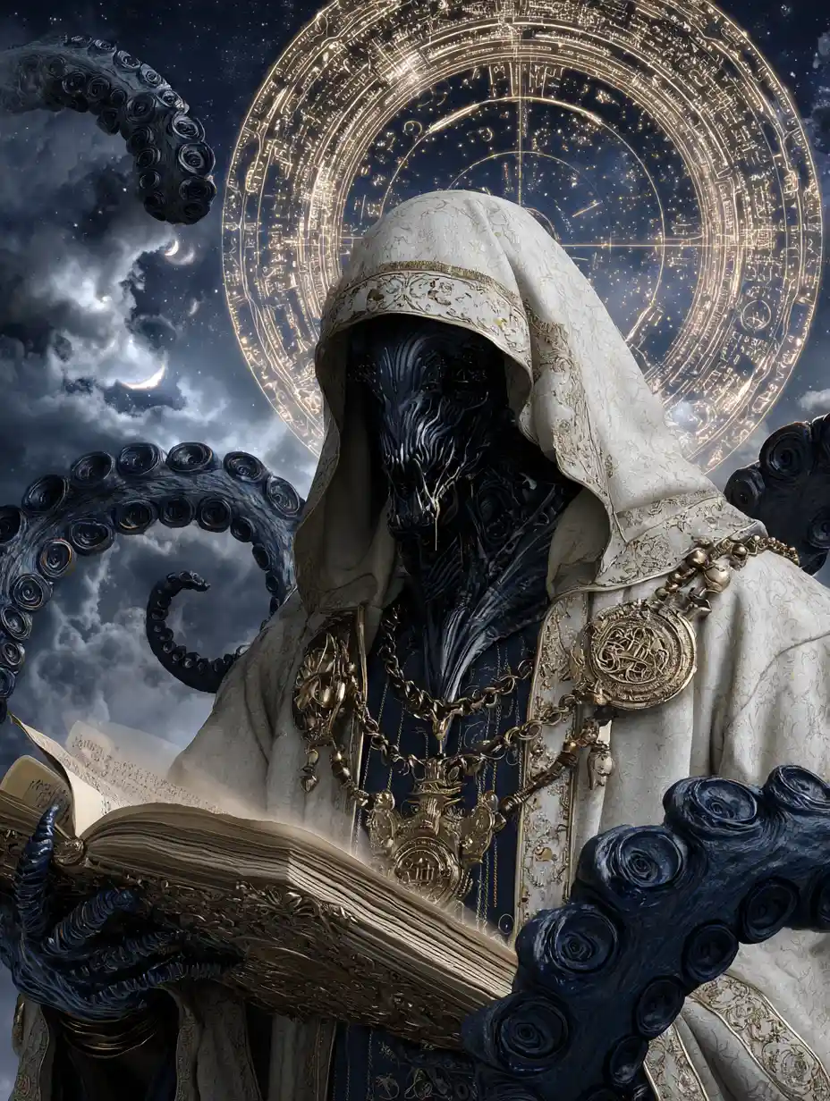 Hooded occult scholar with a grimoire and coiling tentacles beneath the moon