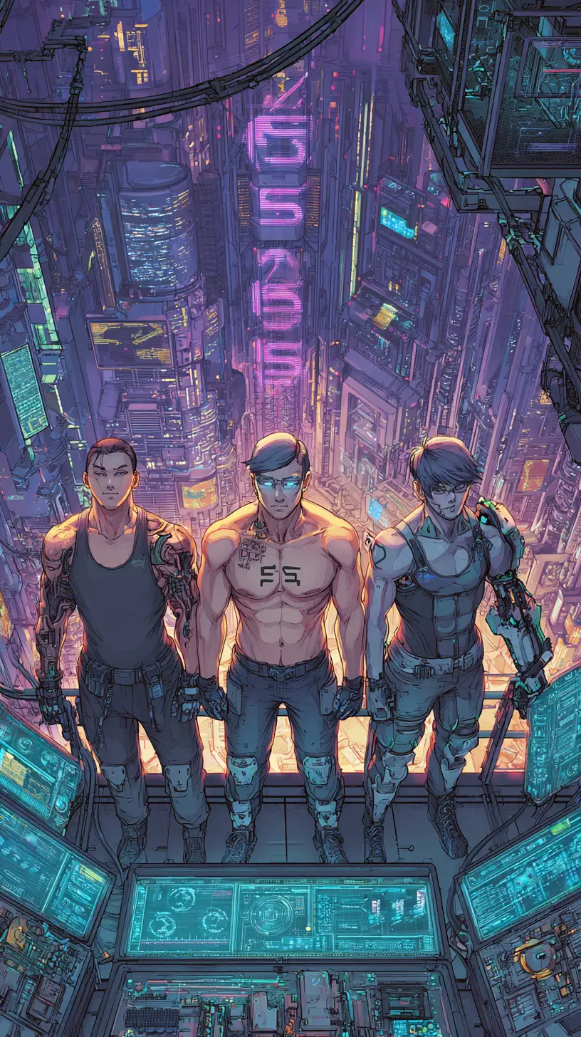 Tres hackers asiáticos con implantes cibernéticos posan en un escondite en un rascacielos