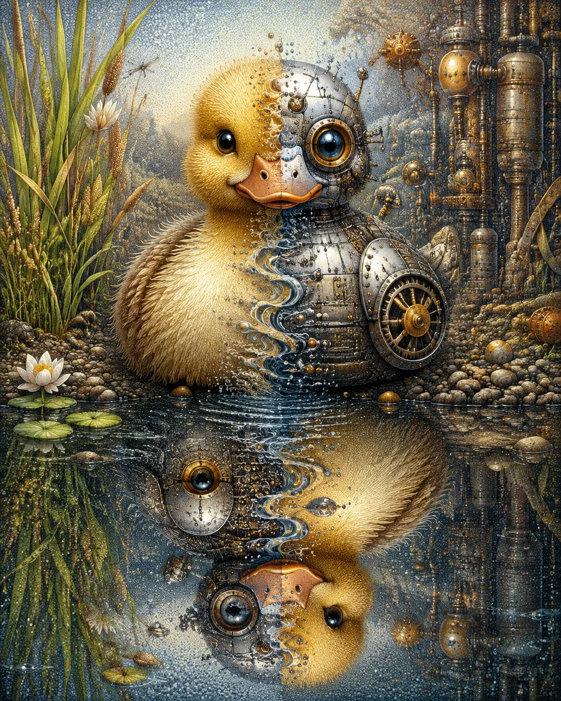A Duck and a Tiny Robot Duck Meet Beside a Magical Pond