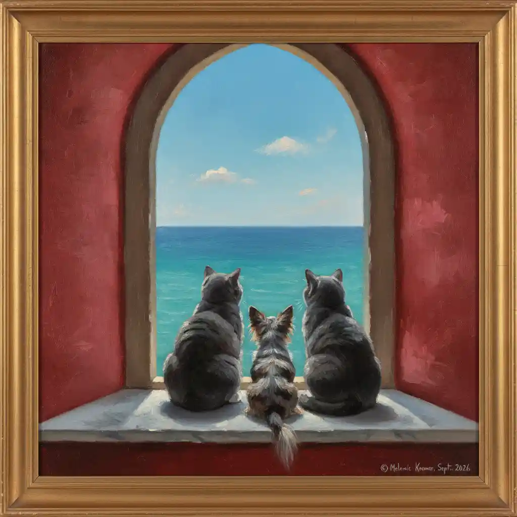 Two British shorthair cats and a Chihuahua sit by an arched window overlooking the sea