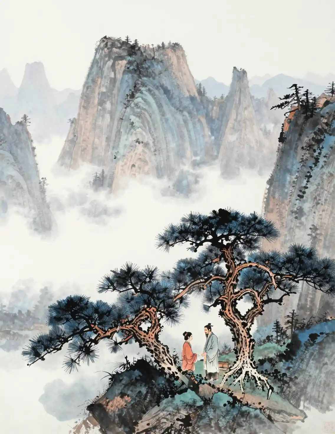 A man and woman meet beneath pine trees in misty mountains