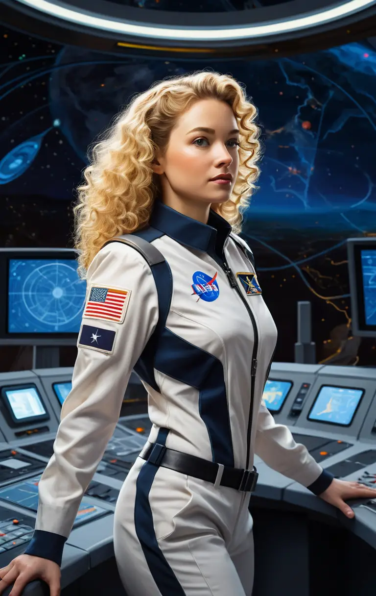 A NASA officer walks across a futuristic command bridge