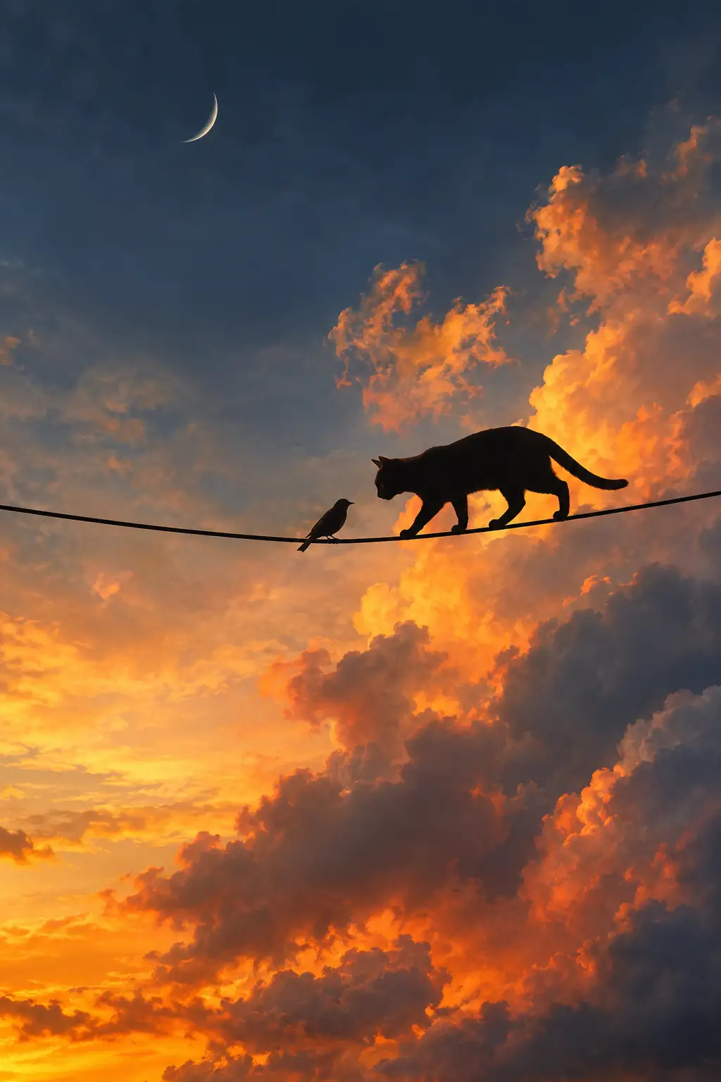 Un chat noir s’approche d’un oiseau perché sur un fil sous des nuages spectaculaires