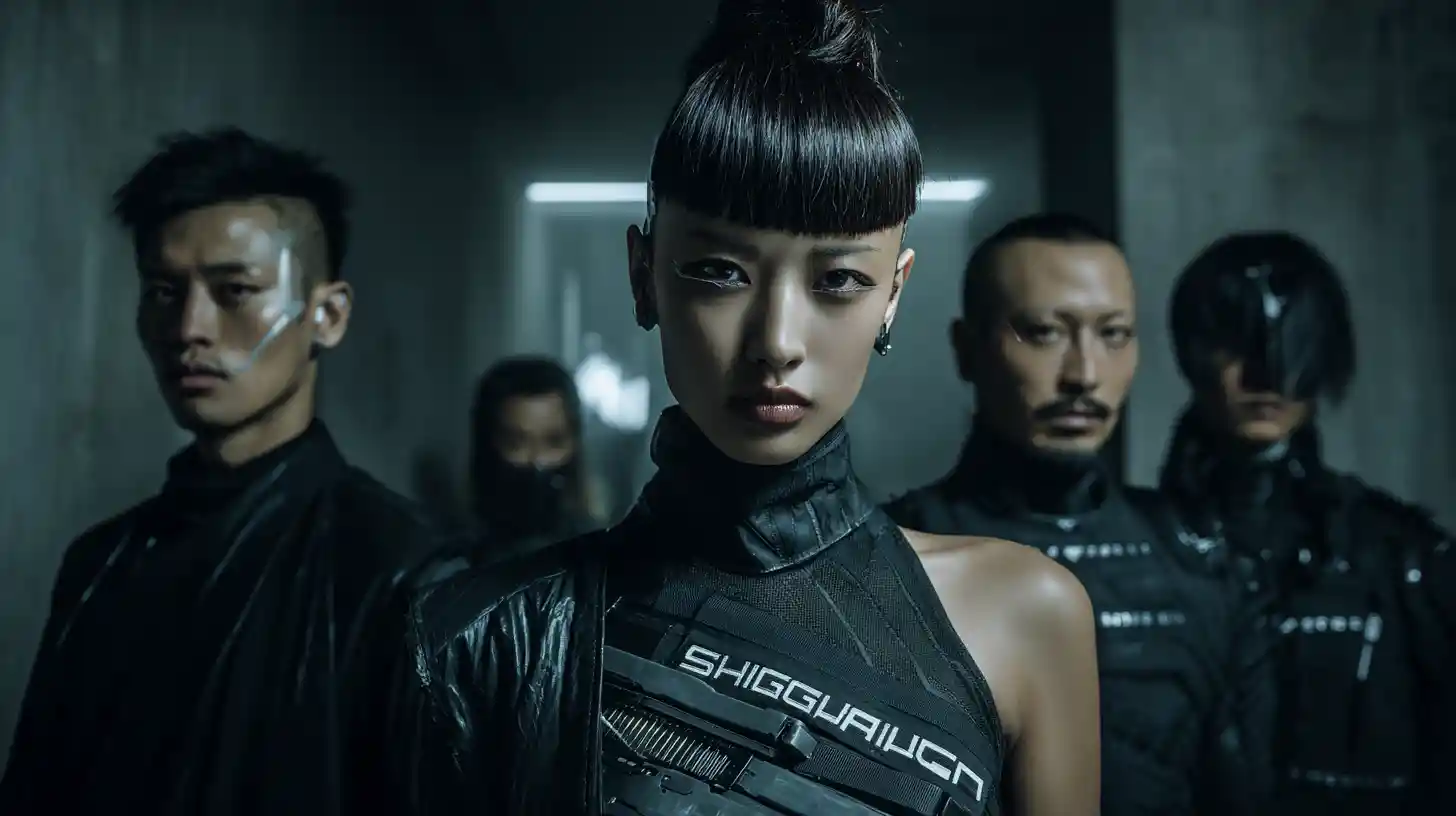 Four Asian Hackers Pose Amid Cybernetic Consoles in a High-Rise Lair