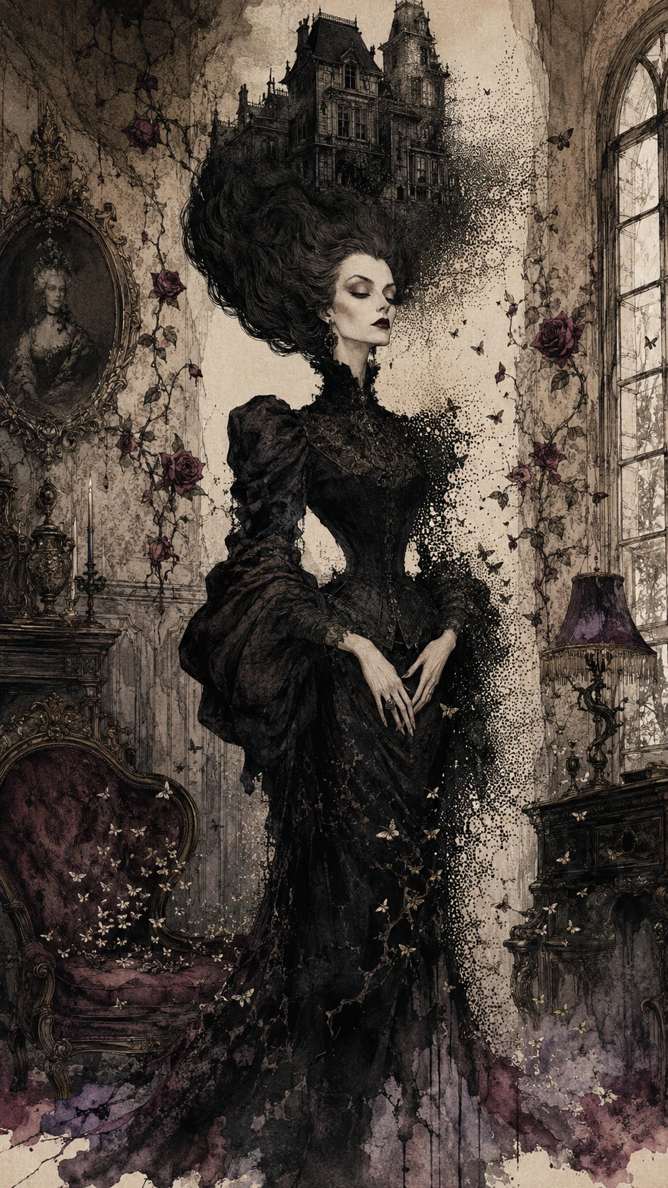 Una serena mujer gótica en una torcida mansión victoriana