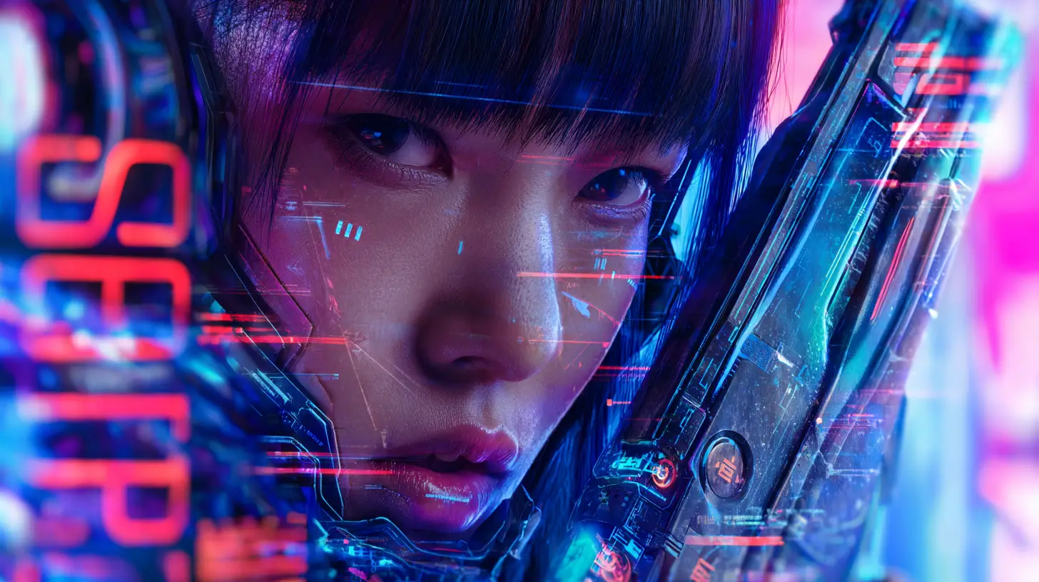 Close-up portrait of an Asian woman hacker in cyberpunk warfare gear