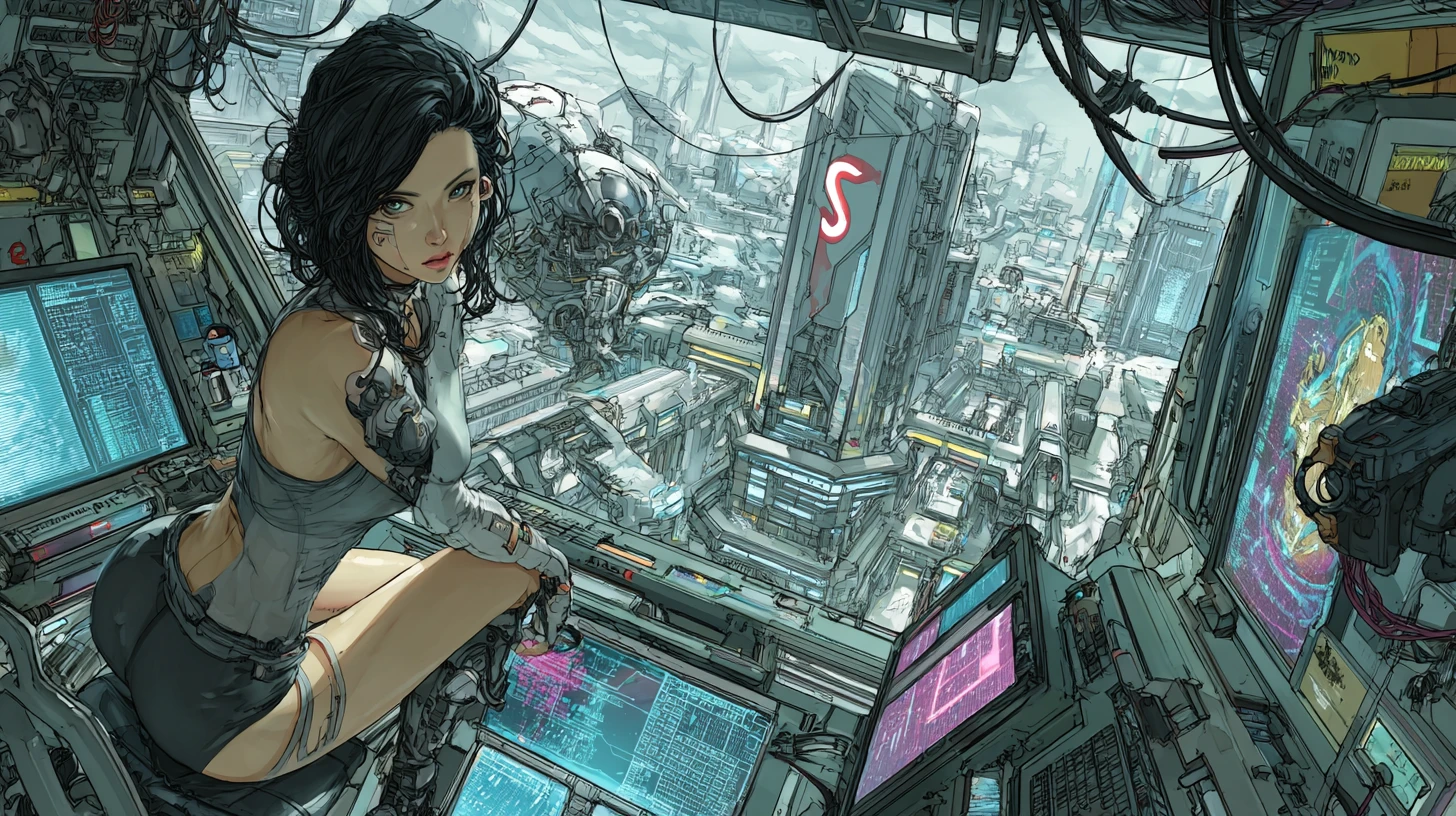 Asian hacker with cybernetic implants sits inside a high-rise lair