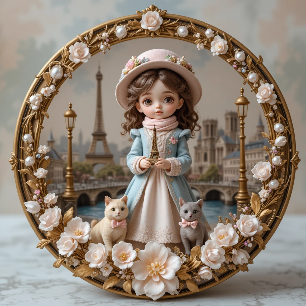 Una muñeca en miniatura sostiene una réplica de la Torre Eiffel en un medallón parisino