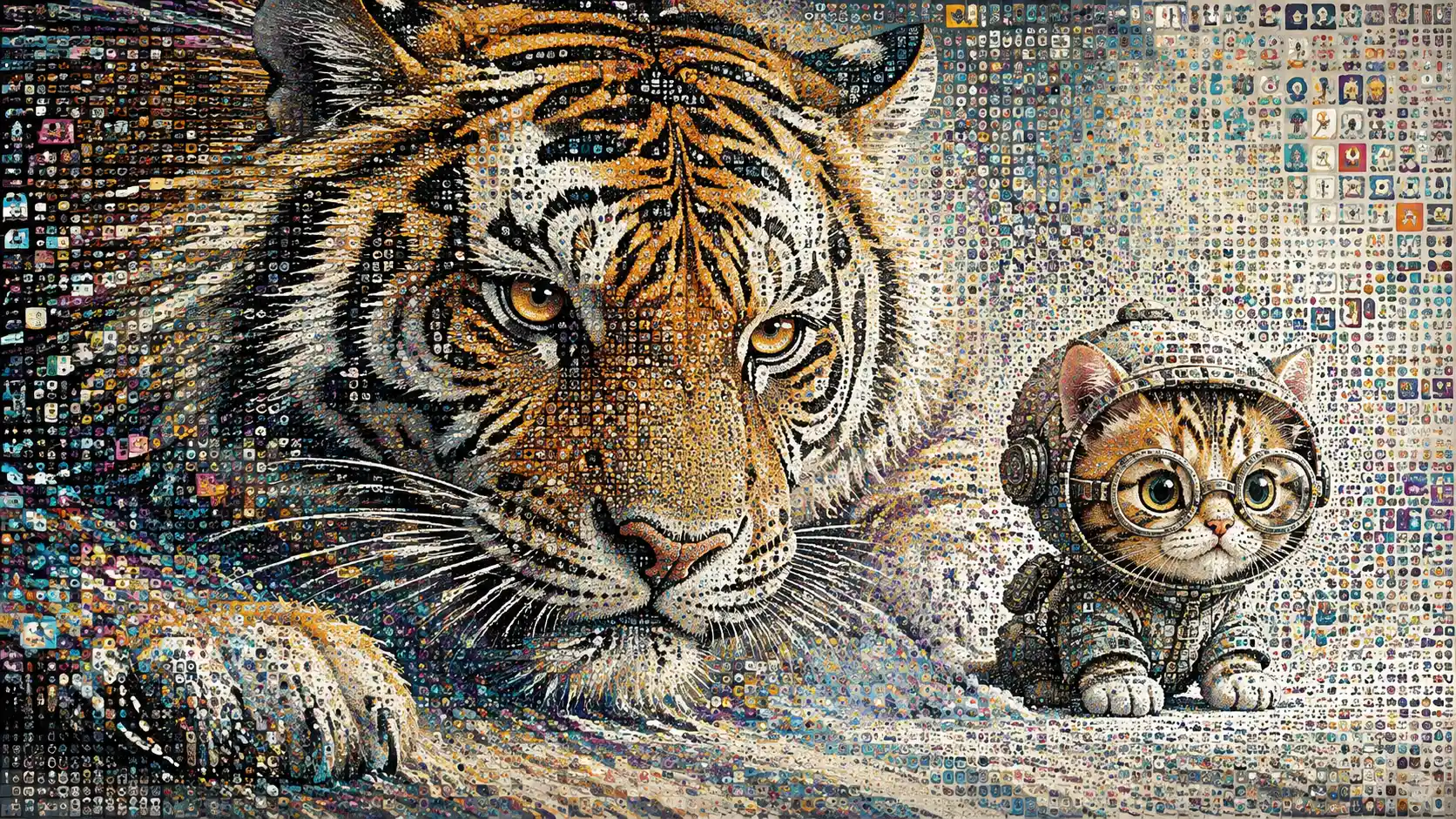 Ein Tiger entsteht aus schwungvollen Tuschestrichen und farbenfrohen Glyphen