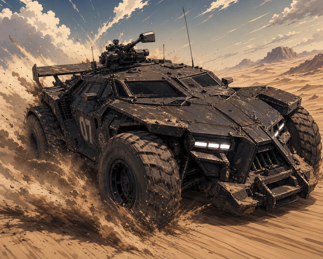 An Armored Futuristic Hypercar Speeds Across a Desert in Anime Style