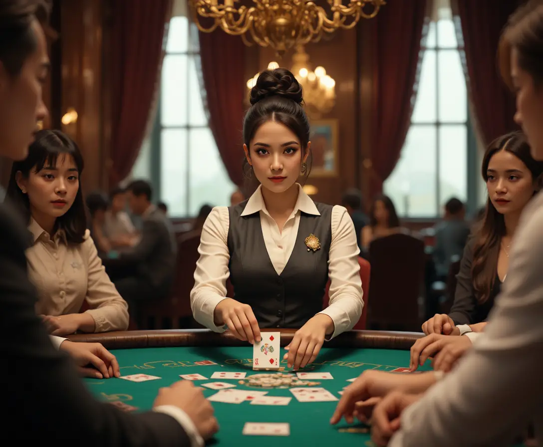 Un giovane croupier distribuisce le carte su un tavolo verde da casinò