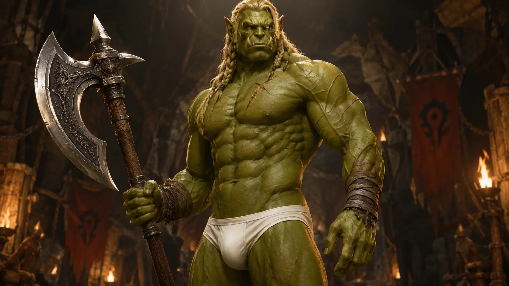 Un orco verde alto, de cabello rubio y con un hacha de doble filo