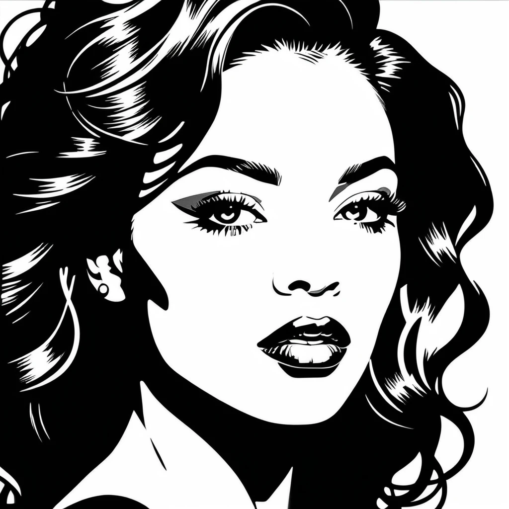 A black woman rendered in monochrome pop art linework
