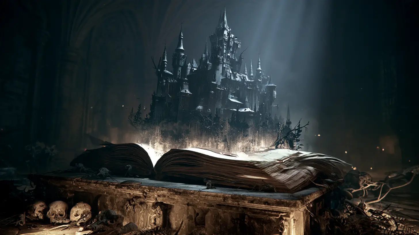 Un libro abierto reposa sobre un altar desgastado, rodeado de cráneos