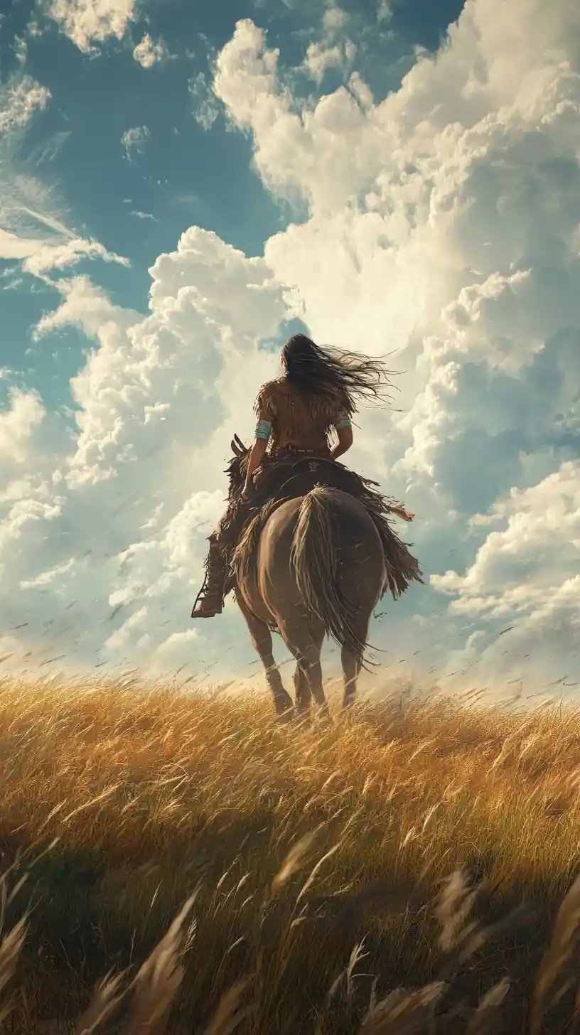 A Native American warrior woman rides across a vast grassy plain