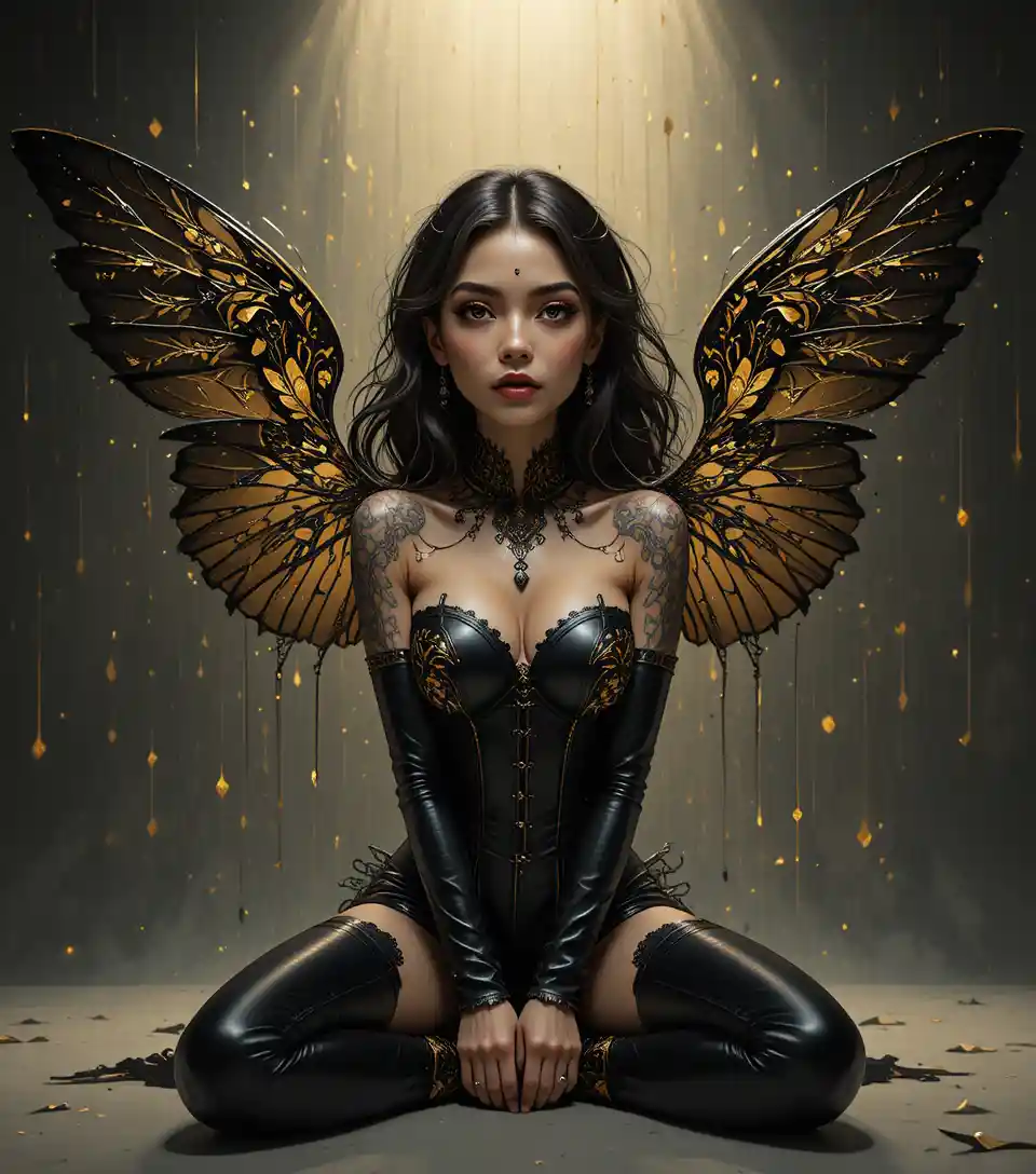 A winged fantasy woman in black leather and gilded armor