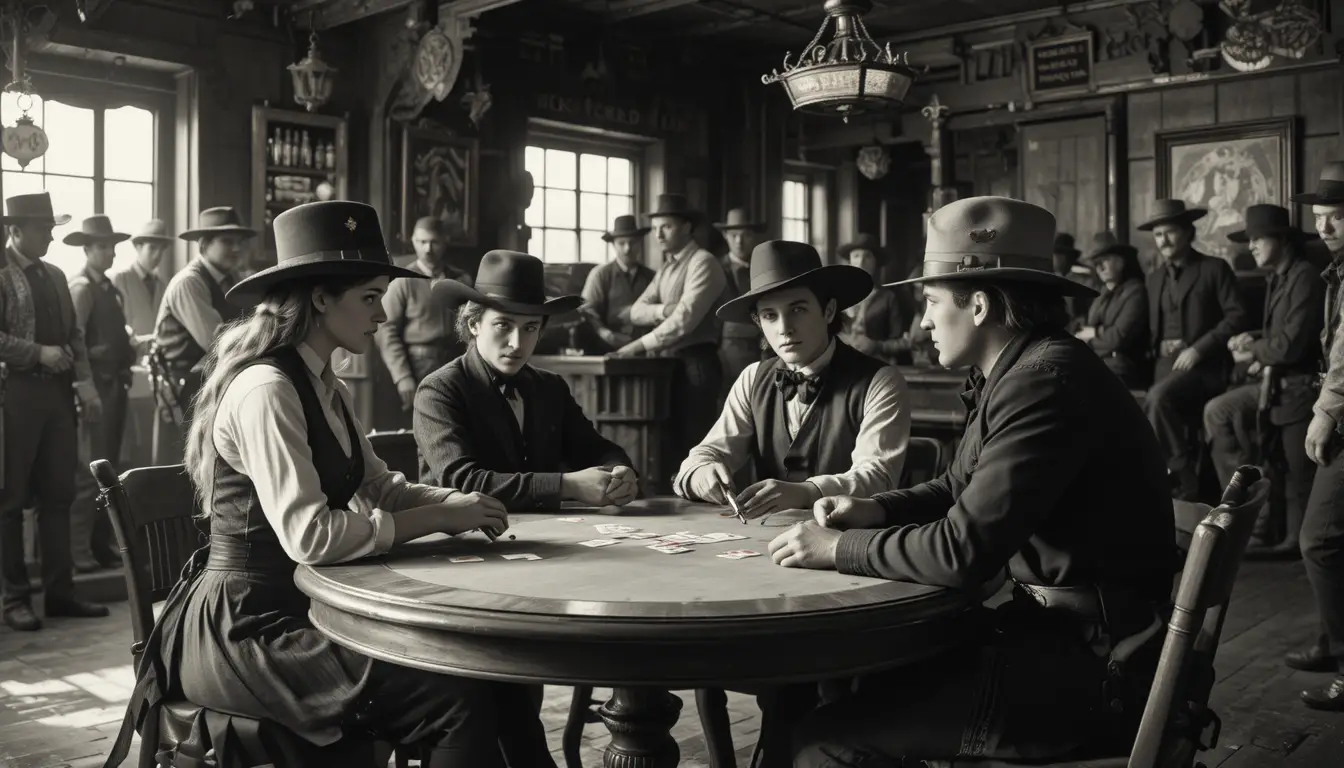 Cowgirls and outlaws face off over poker in a Western saloon