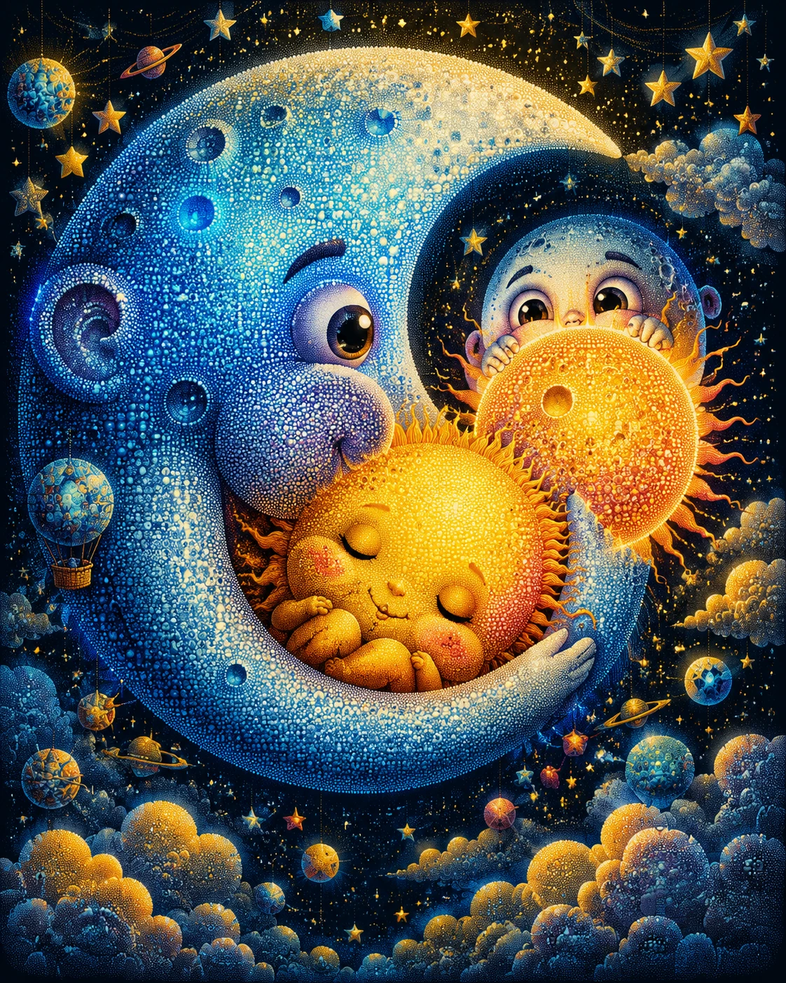 Un piccolo sole dorme dentro una luna gigante in una scena da sogno
