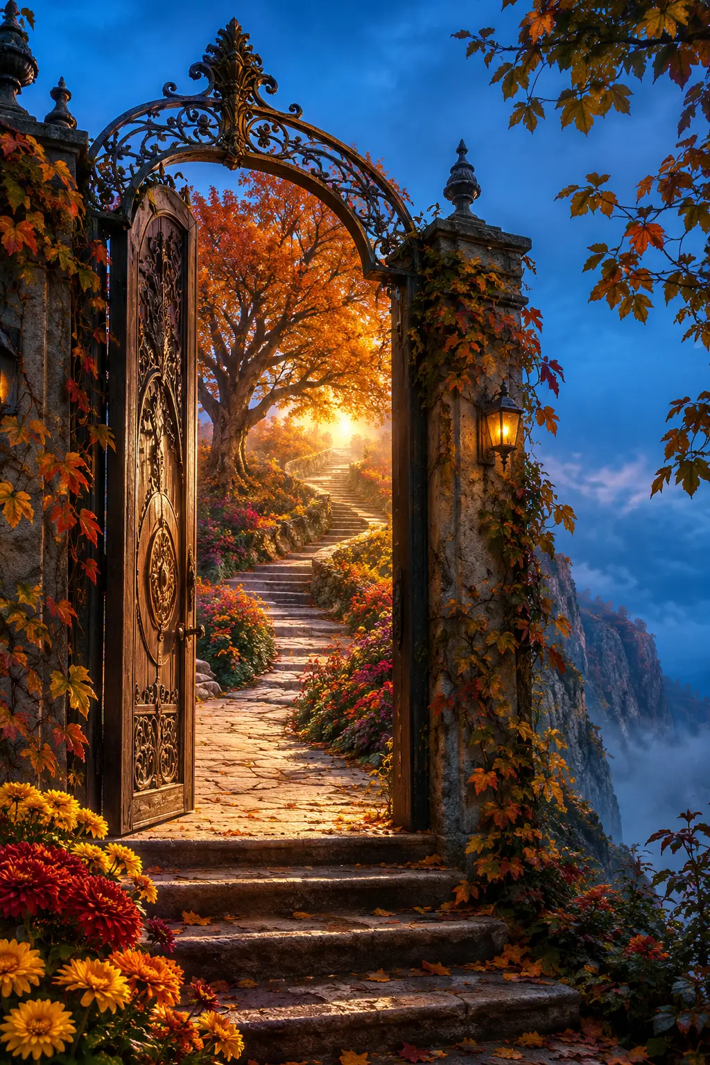 An ornate gate stands ajar above winding steps beneath autumn foliage