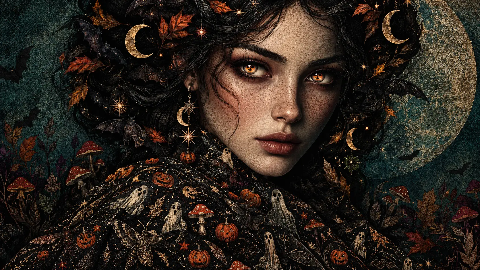 Una mujer misteriosa con reflejos de calabazas brillantes en los ojos