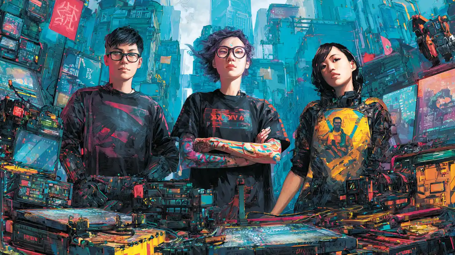 Three Asian Hackers Pose in a Futuristic High-Rise Lair