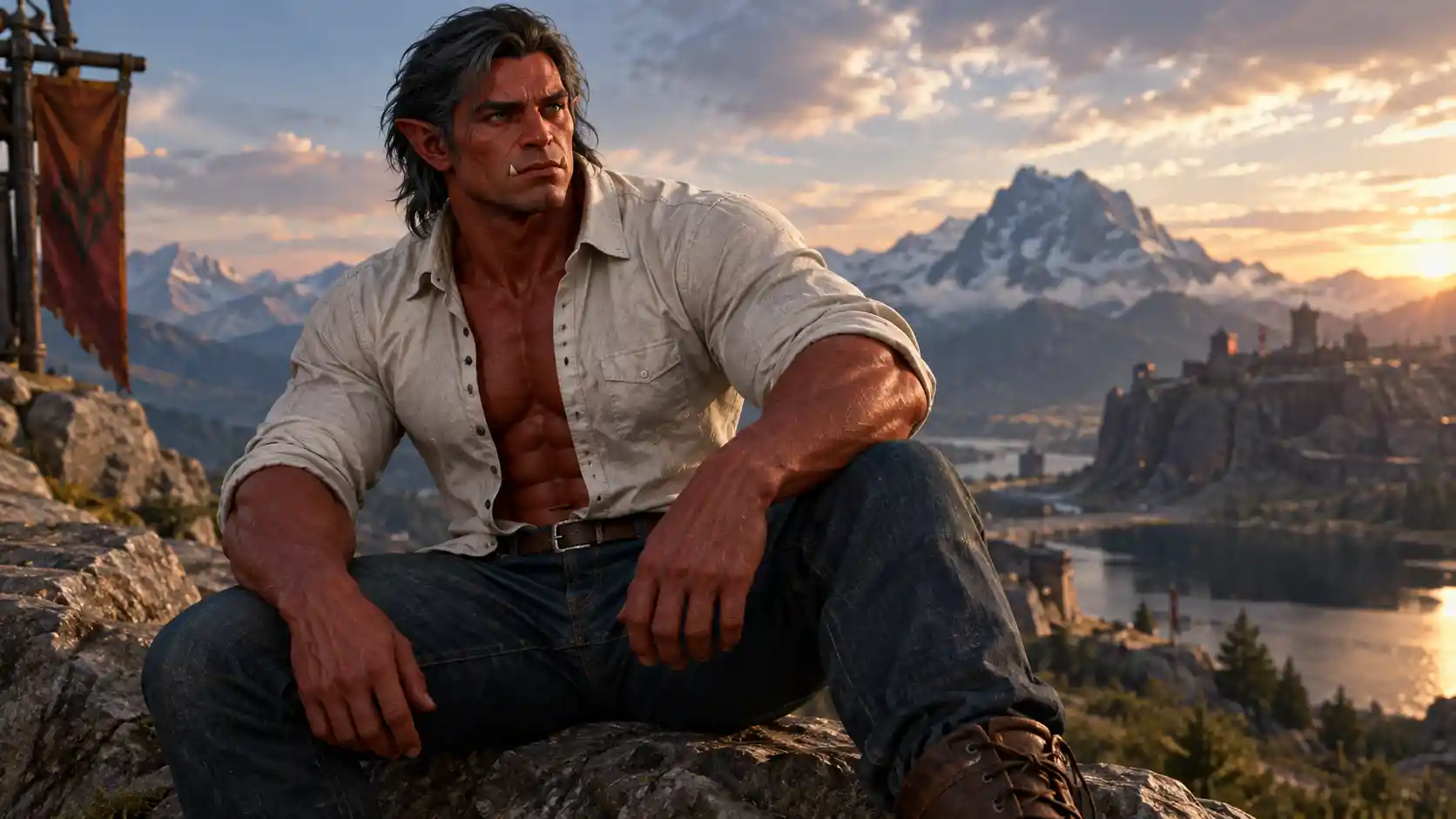 A muscular red orc in a shirt, jeans, and boots