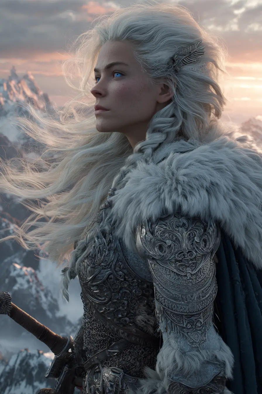 A valkyrie stands above the northern sea at golden sunrise