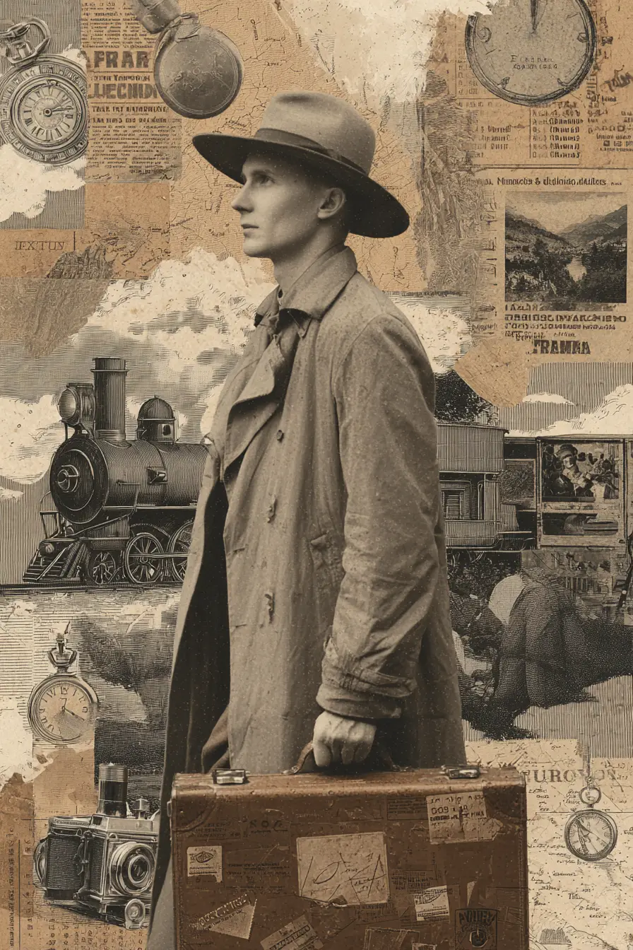 Un hombre con sombrero sostiene una maleta en un collage de viajes vintage