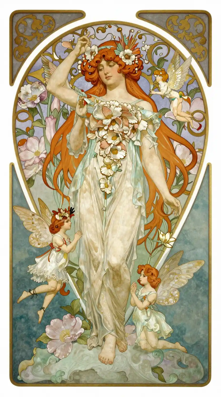 Hadas y flores en una pintura art nouveau