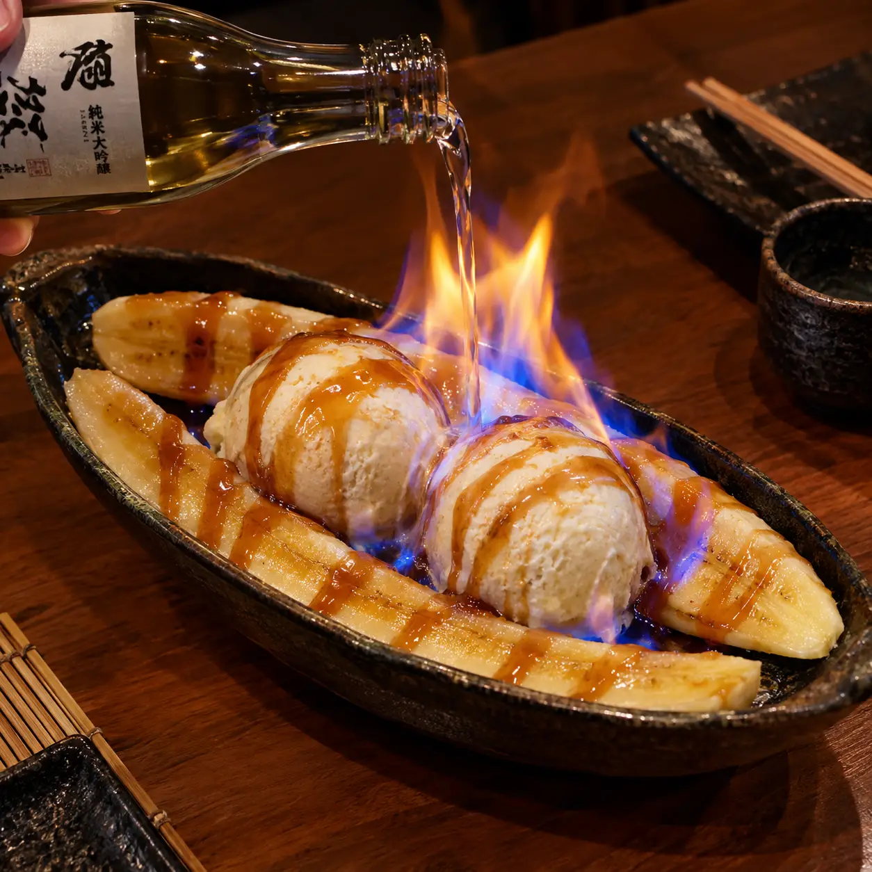 バニラアイスに日本酒を注ぐ、炎が上がるバナナスプリット