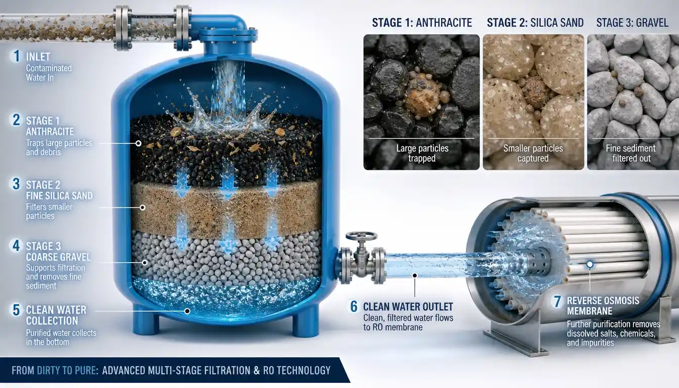 Ein Wasserfilterbehälter entfernt Sedimente mithilfe mehrerer Filterschichten