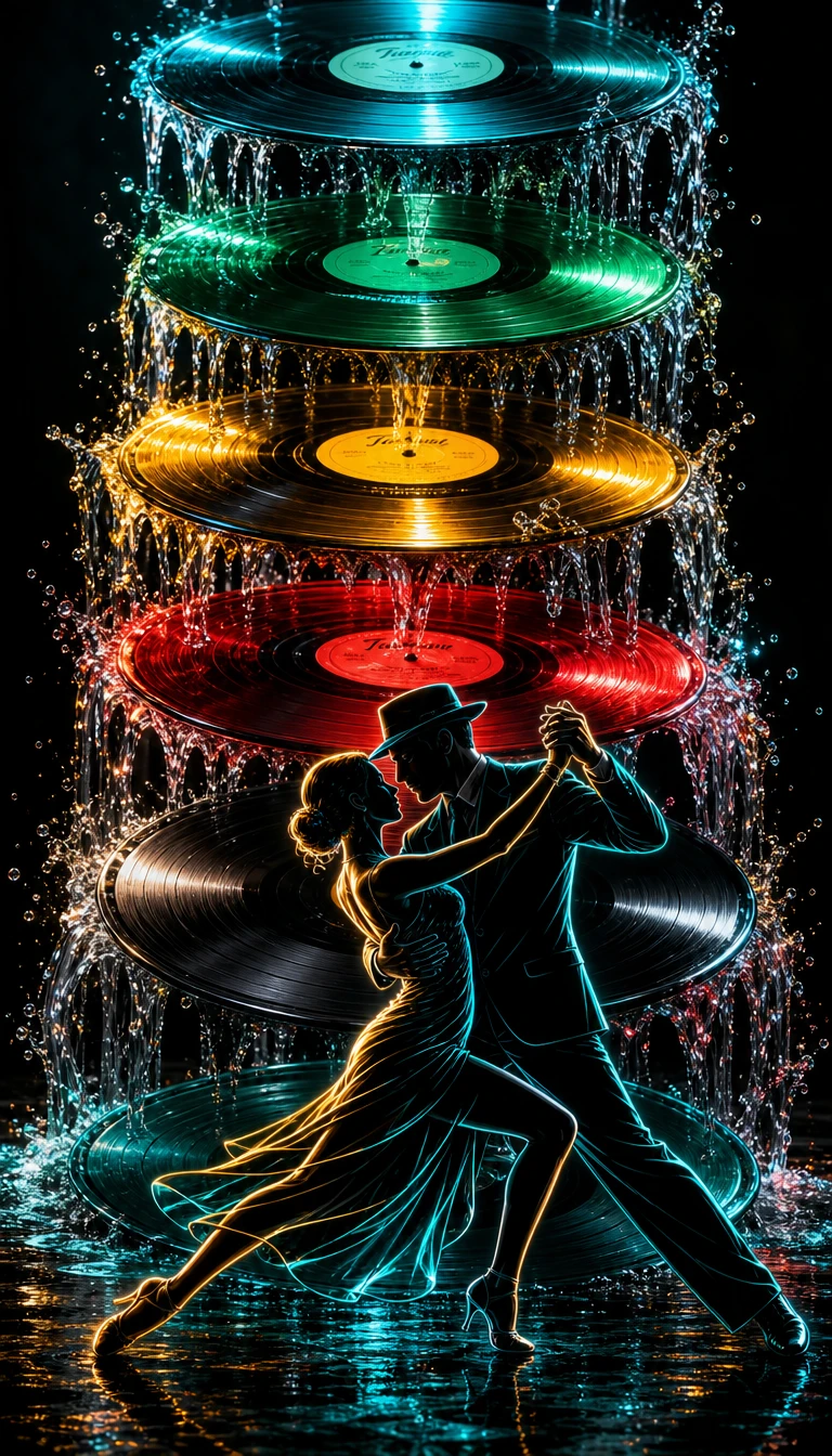 Siluetas de bailarines de tango enmarcadas por una torre de discos de vinilo de colores