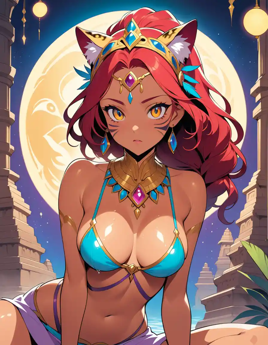 A redheaded princess in jeweled attire before a gilded temple altar