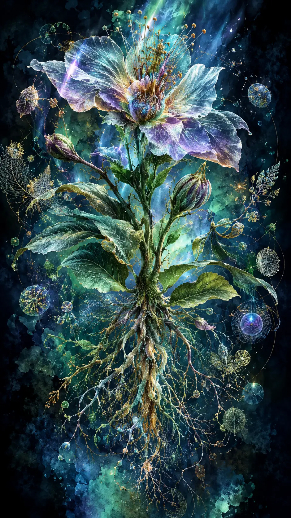 Un campione botanico fluttuante si dispiega in una luminosa costellazione celeste