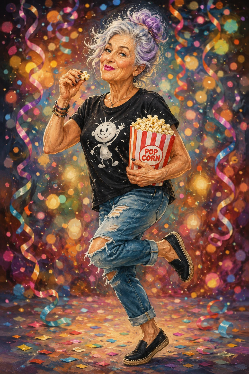 A Playful Older Woman Enjoys Popcorn Amid Colorful Party Confetti