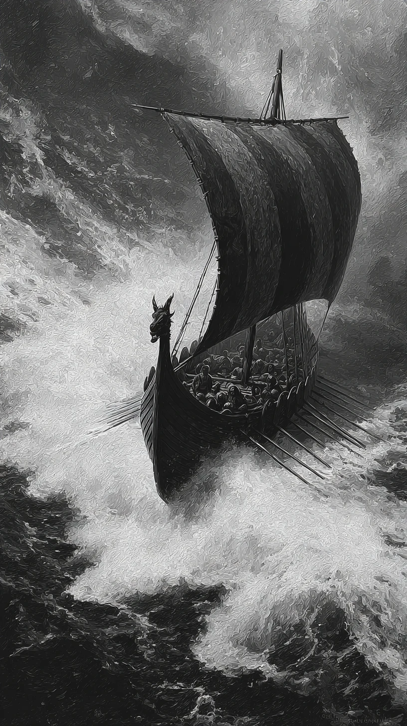 A Viking longship battles towering waves beneath a stormy sky