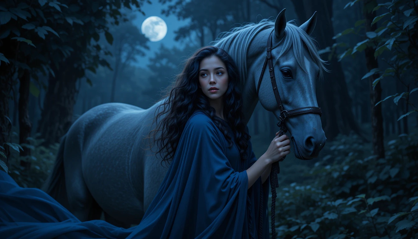 A young woman tends a gray stallion in a moonlit forest