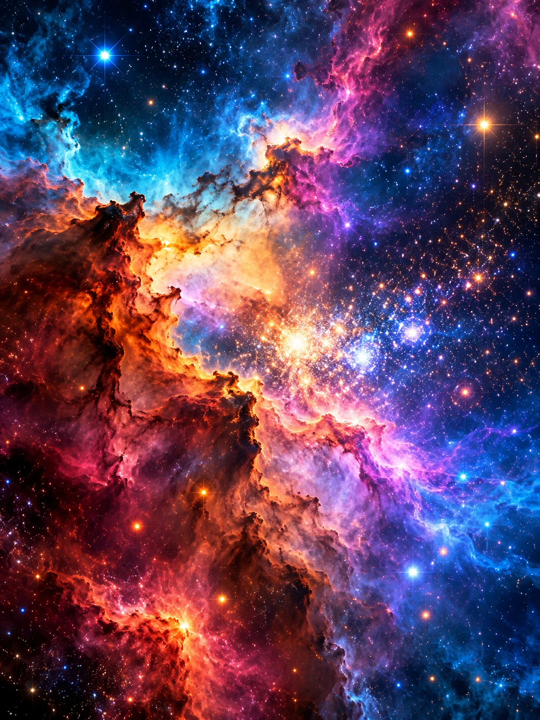 Nubes de nebulosas de colores brillan entre cúmulos de estrellas centelleantes