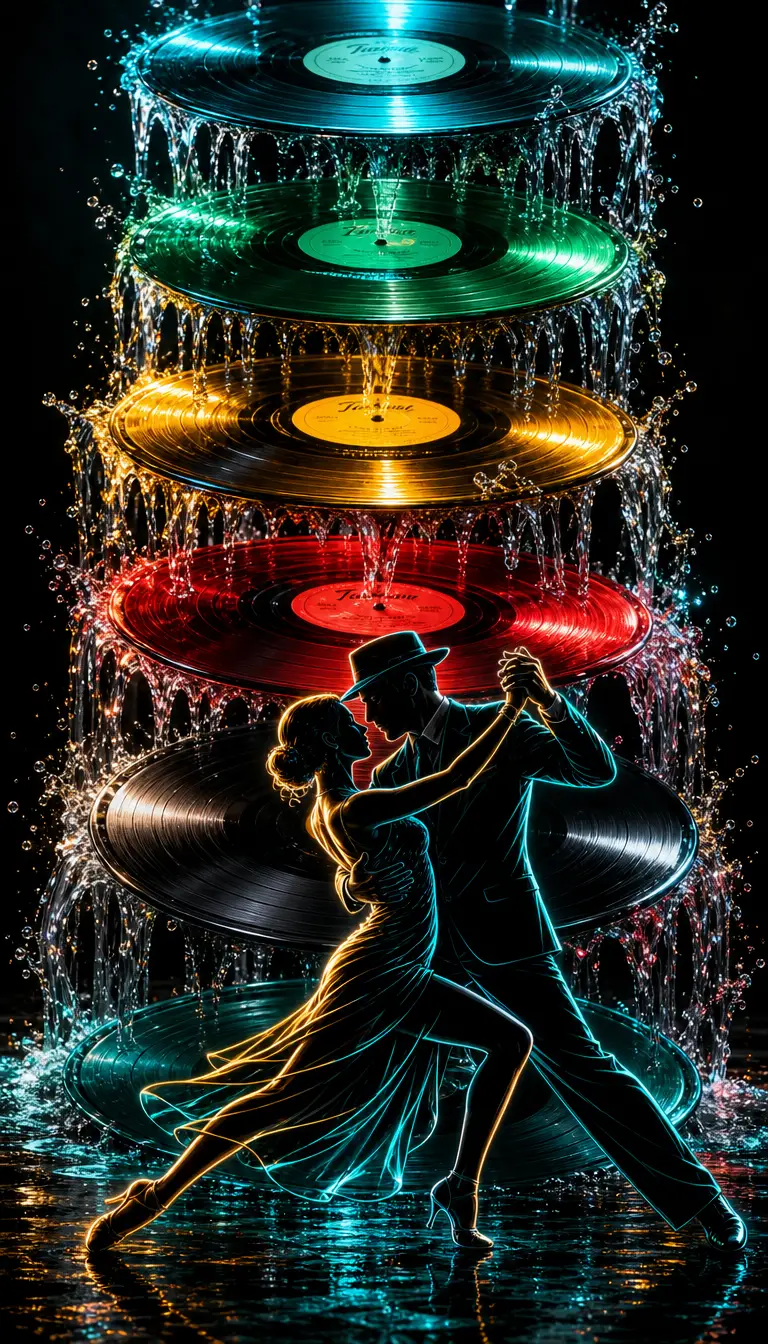 Sagome di ballerini di tango incorniciate da una torre di dischi in vinile colorati