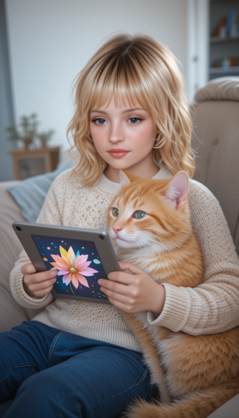 Un niño pequeño y un gatito naranja comparten un momento tranquilo frente a una pantalla