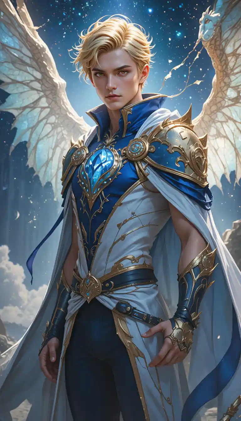 A Young Anime Man with Distinctive Ears and Blue White Clothing